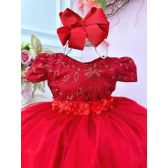 Vestido Infantil Vermelho C/ Renda e Aplique de Flores Festa