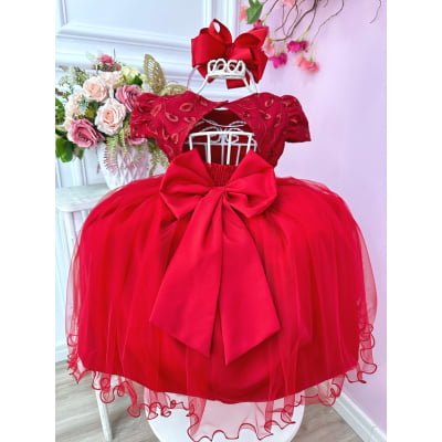 Vestido Infantil Vermelho C/ Renda e Aplique de Flores Festa
