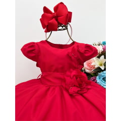 Vestido Infantil Vermelho Com Aplique de Borboletas e Flores