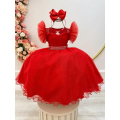 Vestido Infantil Vermelho Com Cinto de Pérolas Daminhas