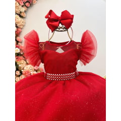 Vestido Infantil Vermelho Com Cinto de Pérolas Daminhas