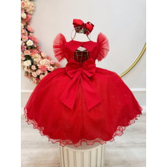 Vestido Infantil Vermelho Com Cinto de Pérolas Daminhas