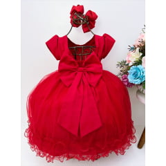 Vestido Infantil Vermelho Com Busto Plissado e Pérolas