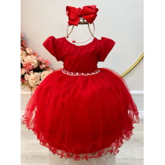 Vestido Infantil Vermelho Com Busto Plissado e Pérolas