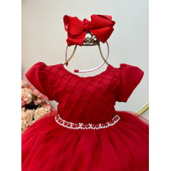 Vestido Infantil Vermelho Com Busto Plissado e Pérolas