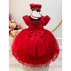 Vestido Infantil Vermelho Com Busto Plissado e Pérolas