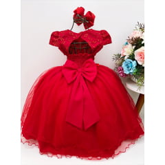 Vestido Infantil Vermelho Renda Aplique Flores Borboletas