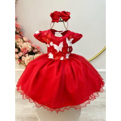 Vestido Infantil Vermelho Renda Aplique Flores Borboletas