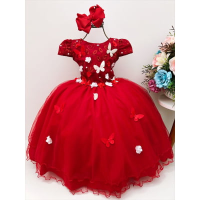 Vestido Infantil Vermelho Renda Aplique Flores Borboletas