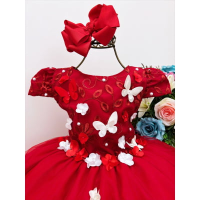 Vestido Infantil Vermelho Renda Aplique Flores Borboletas
