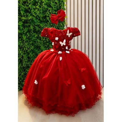 Vestido Infantil Vermelho Renda Aplique Flores Borboletas