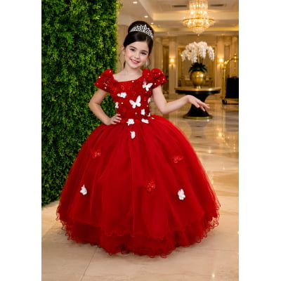 Vestido Infantil Vermelho Renda Aplique Flores Borboletas