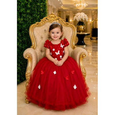 Vestido Infantil Vermelho Renda Aplique Flores Borboletas