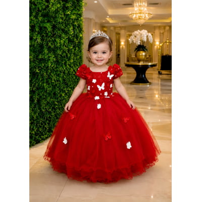 Vestido Infantil Vermelho Renda Aplique Flores Borboletas