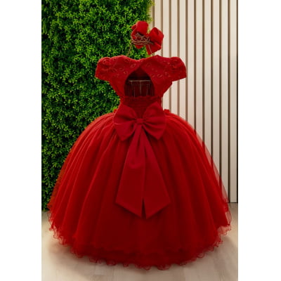 Vestido Infantil Vermelho Renda Aplique Flores Borboletas