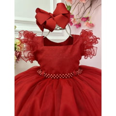 Vestido Infantil Vermelho Strass no Busto e Cinto de Pérolas
