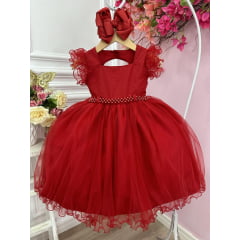 Vestido Infantil Vermelho Strass no Busto e Cinto de Pérolas