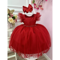 Vestido Infantil Vermelho Strass no Busto e Cinto de Pérolas