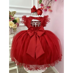 Vestido Infantil Vermelho Strass no Busto e Cinto de Pérolas