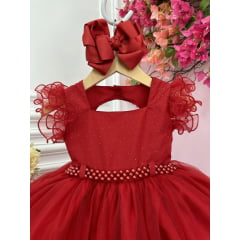 Vestido Infantil Vermelho Strass no Busto e Cinto de Pérolas