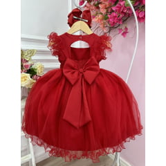 Vestido Infantil Vermelho Strass no Busto e Cinto de Pérolas