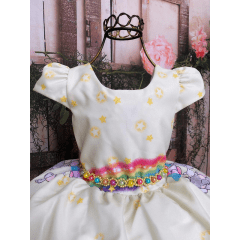 Vestido Infantil Arco Iris Amarelo Balão Elefante Pérolas