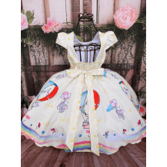 Vestido Infantil Arco Iris Amarelo Balão Elefante Pérolas