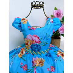 Vestido Infantil Azul Jardim Floral Luxo Cinto Pérolas