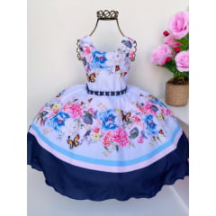 Vestido Infantil Branco e Azul Jardim das Borboleta Princesa