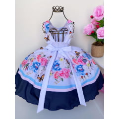 Vestido Infantil Branco e Azul Jardim das Borboleta Princesa