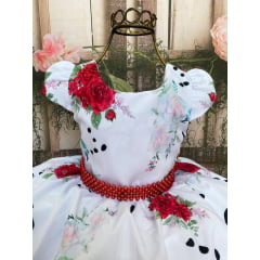 Vestido Infantil Dálmata Preto e Branco Flores Vermelhos