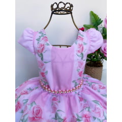 Vestido Infantil Rosa Gatinhos Floral Luxo Princesas