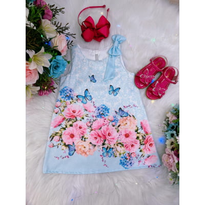 Vestido Infantil Trapézio Azul Bebê Jardim Borboletas Luxo