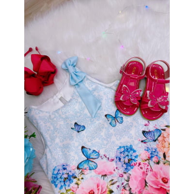 Vestido Infantil Trapézio Azul Bebê Jardim Borboletas Luxo