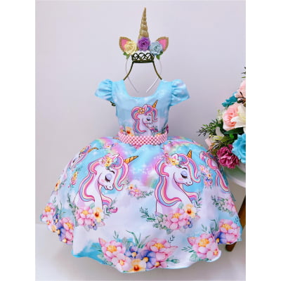 Vestido Infantil Unicórnio Arco Iris Cinto de Pérolas Luxo