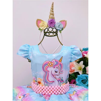 Vestido Infantil Unicórnio Arco Iris Cinto de Pérolas Luxo
