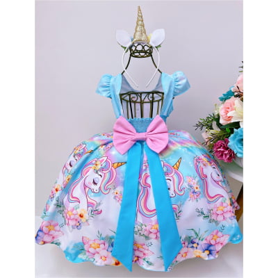 Vestido Infantil Unicórnio Arco Iris Cinto de Pérolas Luxo
