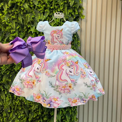 Vestido Infantil Unicórnio + Tiara ou Laço