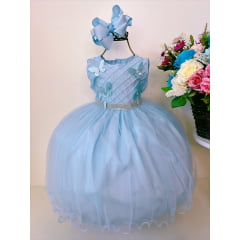 Vestido Infantil Azul Bebê Aplique Borboletas e Strass Luxo