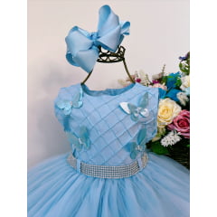 Vestido Infantil Azul Bebê Aplique Borboletas e Strass Luxo