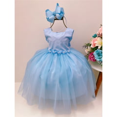 Vestido Infantil Azul Bebê Aplique Flores e Strass Batizado