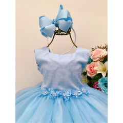 Vestido Infantil Azul Bebê Aplique Flores e Strass Batizado