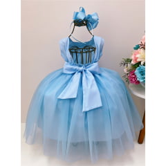 Vestido Infantil Azul Bebê Aplique Flores e Strass Batizado