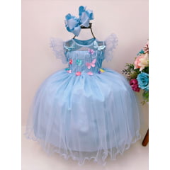 Vestido Infantil Azul C/ Apliques de Flores Borboletas Luxo
