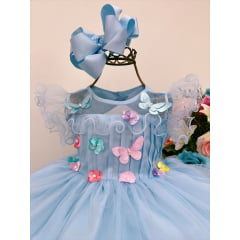 Vestido Infantil Azul C/ Apliques de Flores Borboletas Luxo