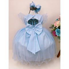 Vestido Infantil Azul C/ Apliques de Flores Borboletas Luxo