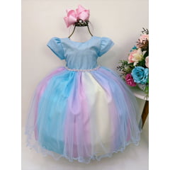 Vestido Infantil Azul Unicórnio Cinto Pérolas e Strass Luxo