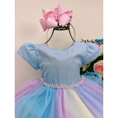 Vestido Infantil Azul Unicórnio Cinto Pérolas e Strass Luxo