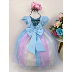 Vestido Infantil Azul Unicórnio Cinto Pérolas e Strass Luxo