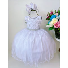 Vestido Infantil Branco C/ Aplique Borboletas e Strass Luxo